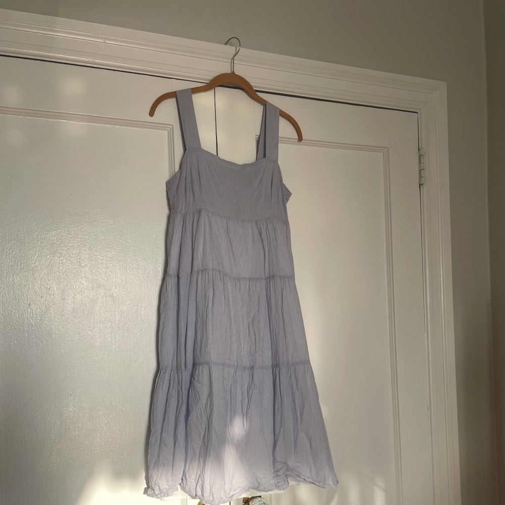 madewell tiered midi dress baby blue pinstripes